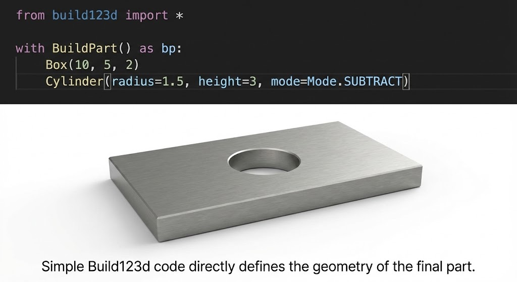 Simple Build123d code directly defines the geometry of the final part.