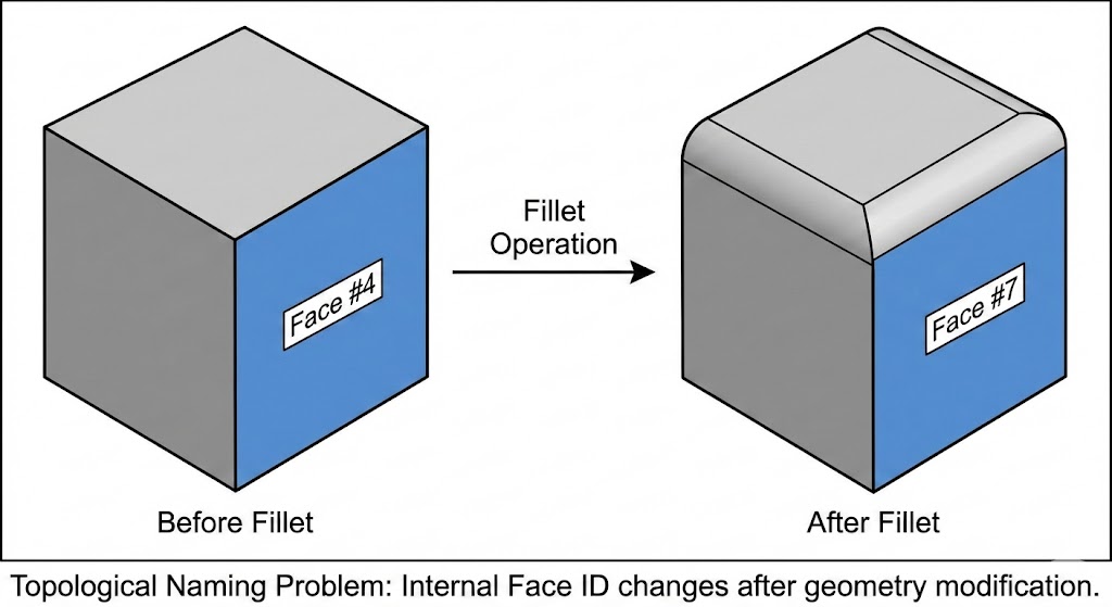 Topological Naming Problem: Internal Face ID changes after geometry modification.