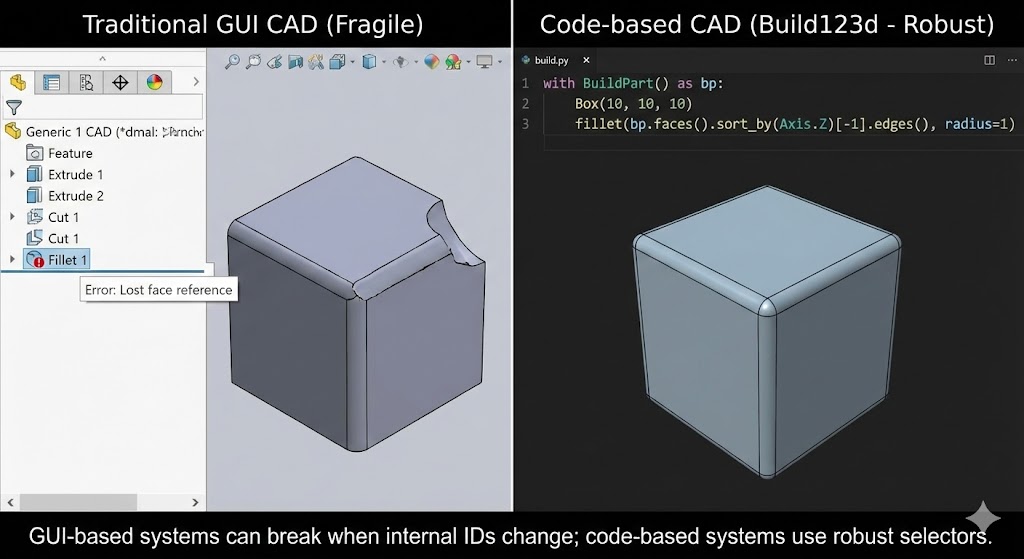 GUI-based systems can break when internal IDs change; code-based systems use robust selectors.
